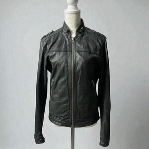 H M Black Genuine Leather Moto‎ Jacket Women's Biker Style Full Zip Size